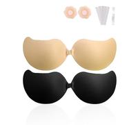 GOZINA Sticky Bra for Women, Stick on Bra Push Up, Invisible Sticky Bras Breathable Backless Push Up Bra, Reusable Adhesive Strapless Bra for Evening Dress (UK, Cup & Band, D, Black + Skin Color)