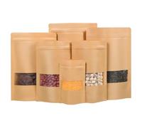 Gozmy Reusable Brown Kraft Bags with Window, 9x14cm, 100pcs, Eco-Friendly, Leak Resistant, Self Seal, Food Storage Bags for Nuts, Coffee Beans, Tea Leaves, Snacks, Dried Foods