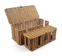 GOZOLA 2 Pack Rattan Cable Management Box, Large Cord Organizer Box with Lid Under Desk Router Hider Storage Box with 4 Exits, Wire Box Hider for TV Wires Computer Surge USB Hub & Power Strip