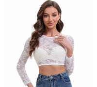 Gozozzy Dirndl Blouse for Women, Dirndl Blouse with Lace, Classic Round Neck with Unique Lace Pattern, White, 8