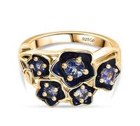 GP Italian Garden Collection Tanzanite & Blue Sapphire Floral Ring - 18K Yellow Gold Vermeil on Sterling Silver - Midnight Enamel Designer Statement Ring Size L