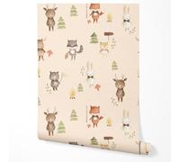 GP TONER Non-Woven Wallpaper Forest Animals Deer Fox Bear Rabbit Raccoon Woodland Trees Campfire Cute Nursery Pattern Kids Room Bedroom Hallway Pastel Beige UV-Resistant Wallpaper