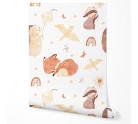 GP TONER Non-Woven Wallpaper Forest Animals Fox Bear Badger Birds Rainbow Beige Neutral Tones Kids Room Nursery Stars Balloons Modern wall Decoration