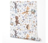GP TONER Non-Woven Wallpaper Forest Animals Fox Bear Rabbit Hedgehog Flowers Pattern Blue Beige Tones Kids Room Nursery Nature Modern wall Decoration