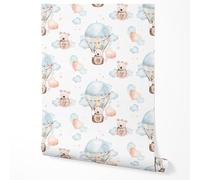 GP TONER Non-Woven Wallpaper hot air Balloons Teddy Bear Clouds Balloons Pattern Blue Beige Tones Kids Room Nursery Cute Sky Modern wall Decoration