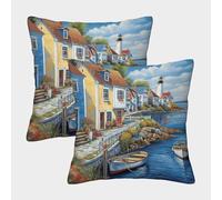 GPARSDDIO Seaside Town Throw Pillow Homeware Cushions with Invisible Zipper Decorative Set of 2 for Outdoor Home Bed Decor 40x40cm