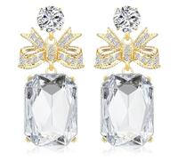 GPASTG 14k Gold Sparkly Crystal Square Dangle Drop Earrings Large Dainty Rhinestone Bow Stud Earrings for Women, L, Metal, No Gemstone