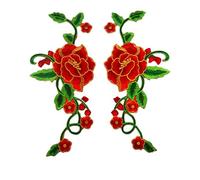 GPDNBIEU, Embroidered Flower Fabric Patches,1 Pair Blooming Peony in Green Vines(Red)