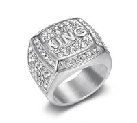 GPDNBIEU Rings, Hip Hop Iced Out King Ring Titanium Steel Men’s Bling Cubic(Silver,O)