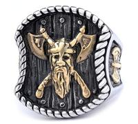 GPDNBIEU Rings, Two-Tone Gold & Silver Retro Warrior Face Mjolnir Axe Design(Two Tone,Y)