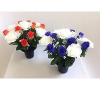 GPH garden pet home ROSE/ROSEBUD Artificial Flower Arrangement in Pots (Pair) 30cm Artificial Orange & Blue Rose Grave Pot with Flower Heads- Vase Insert Memorial