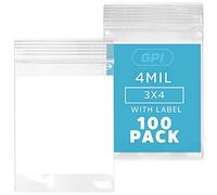 GPI - 3" x 4" - Bulk Pack of 100, 4 Mil Thick, Heavy Duty, Clear Plastic Reclosable Zip Bags, with Write-on White Block for Labeling, Strong & Durable Poly Baggies
