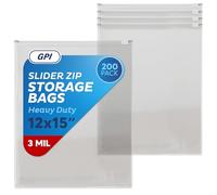 GPI - Slider Zip Jumbo Food Storage Bags, 12" x 15" 3 Mil Heavy Duty, Extra Large, Strong & Durable For Freezer Storage, 200 Count