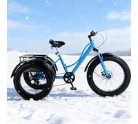 GplHAIN 24 Inch Snow Tricycle with Large Basket, Adult Tricycle, 7 Speed Cruiser Trike for Seniors, All Terrain Fat Tire 3 Wheel Bikes, For Shopping, Picnic, Outdoor Sports Blue