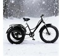 GplHAIN 24 Inch Snow Tricycle with Large Basket, Adult Tricycle, 7 Speed Cruiser Trike for Seniors, All Terrain Fat Tire 3 Wheel Bikes, For Shopping, Picnic, Outdoor Sports Black