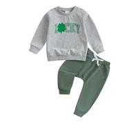 GPLOPEEY Boy Irish Day Outfit Sets Long Sleeve O Neck Letter Clover Print Tops Solid Color Drawstring Pants Sets (Green, 18-24 Months)
