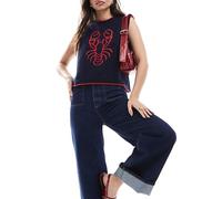 GPLOPEEY Women Ribbed Knit Sweater Vest Cherry/Lobster Contrast Color Sleeveless Crew Neck Tank Tops (02 Blue, L)