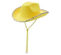 GPLOPEEY Womens Cowboy Hat Fluffy Feather Brim Cowgirl Hat for Costume Party, Holiday, Halloween Cosplay (37 Yellow with silver trim, One Size)