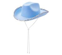 GPLOPEEY Womens Cowboy Hat Fluffy Feather Brim Cowgirl Hat for Costume Party, Holiday, Halloween Cosplay (33 Blue with silver trim, One Size)