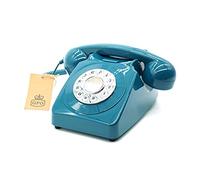 GPO 746 Push-Button Retro Landline Phone, Vintage Landline Telephone for Home, Office, Retro Phones with Authentic Bell Ring and Curly Cord, Azure Blue
