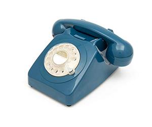 GPO 746 Rotary Retro Phone - 1970s-style Landline Telephone with Curly Cord and Authentic Bell Ring - Azure Blue