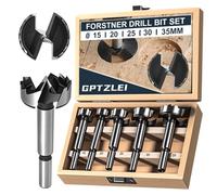GPtzlei Forstner Drill Bit Set 5 Pieces 15 20 25 30 35mm - HSS Woodworking Drill Bits for Door Hinge & Cabinet Making, Flat Bottom Holes - Fits Hand Drills & Drill Presses