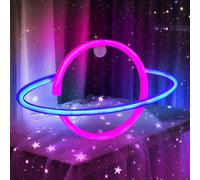 Gpurplebud Planet Neon Light, LED Neon Light Sign Powered by Battery or USB Planet Neon Sign for Bedroom Wall Decor Game Room, Living Room, Bar, Party, Kids Gift (Blue&Pink)