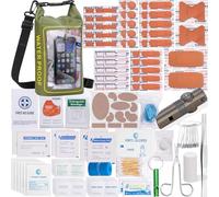 GPUSFAK 154 Pieces Waterproof First Aid Kit with Waterproof Cell Phone Pouch Roll Top Boat Emergency Kit 2-in-1 Emergency Medical Kit for Boating Camping Fishing Kayaking Floating Army Green