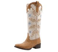 GPXGPX Womens Cowboy Boots Leaf Embroidered Pull on Knee High Round Toe Comfortable Chunky Heel Western Cowgirl Riding Boots, Yellow, 8 UK