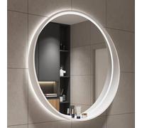 GQJNHUI 50cm 60cm 70cm LED Round Bathroom Mirror With Wood Frame, Circle Framed Vanity Mirror, Vintage Wall Mirror For Living Room Hallway Bedroom, Large Make Up Mirror (Color : White, Size : 50CM)