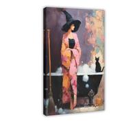 GQKIUYGA Impressionist Witch And Cat Bathroom Art Canvas Poster Wall Art Decor Print Picture Paintings for Living Room Bedroom Decoration 20x30inch(50x75cm)