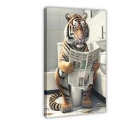 GQKIUYGA The Tiger Reading The Newspaper on The Toilet Canvas Poster Bedroom Decor Landscape Office Room Decor Gift 16x24inch(40x60cm)