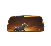 GQSZCYHLKL Black Horses Red Glowing Clouds Stylish Pencil Bag Durable Crosshatch Leather Pen Case with Full Print Design, Multi Purpose Storage for School, Office Travel