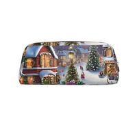 GQSZCYHLKL Christmas Village Stylish Pencil Bag Durable Crosshatch Leather Pen Case with Full Print Design, Multi Purpose Storage for School, Office Travel