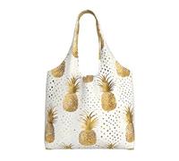 GQSZCYHLKL Gold Glitter Pineapples Fruit Stylish Canvas Tote Bags Large Capacity 100% Polyester Tote Bag For Shopping, Travel, And Daily Use Durable 12oz Canvas With All Over Print Design