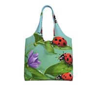 GQSZCYHLKL Ladybug And Green Leaves Stylish Canvas Tote Bags Large Capacity 100% Polyester Tote Bag For Shopping, Travel, And Daily Use Durable 12oz Canvas With All Over Print Design