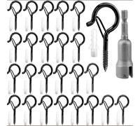 GQunit 50PCS Black Q Hanger Screw Hooks, 2.2inch with Safety Buckle, Windproof Outdoor Light Wire Ceiling Eye Hooks for Wood Wall Hanging Fairy Lights Plants Bird Feeders Cups