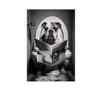 GQVCJSW Bulldog Sitting on The Toilet Reading A Newspaper Canvas Poster Wall Art Decor Print Picture Paintings for Living Room Bedroom Decoration 20x30inch(50x75cm)