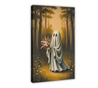 GQVCJSW Ghost Holding Flowers in Forest Poster Canvas Poster Wall Art Decor Print Picture Paintings for Living Room Bedroom Decoration 08x12inch(20x30cm)