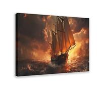 GQVCJSW Pirate Ship Art, Burning Night Canvas Poster Bedroom Decor Landscape Office Room Decor Gift 12x18inch(30x45cm)