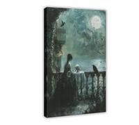 GQVCJSW Woman Looking at Sea, Gothic Balcony Painting Canvas Poster Wall Art Decor Print Picture Paintings for Living Room Bedroom Decoration 08x12inch(20x30cm)