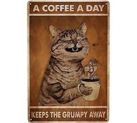 GQWJKSZ Cat Vintage Metal Tin Sign A Coffee A Day Keeps The Grumpy Away Funny Poster Cafe Living Room Kitchen Home Bathroom Art Wall Decoration Plaque Gift
