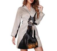 GQWJKSZ Doberman Portrait Women Bathrobe Knee Long Spa Robe Nightgown Shawl Collar Lightweight Robes