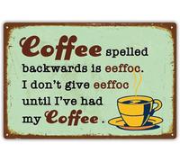 GQWJKSZ Funny Retro Style Metal Sign, Coffee Spelled Backwards is eeffoc, Vintage Kitchen Tin Sign Decor, 8x12 Inches