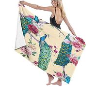 GQWJKSZ Large Bath Towel Blanket,Watercolor Peacock Sitting On A Tree With Pink Flower, Chrysanthemum Flower, Bougainvillea, White Magnolia, Peony,Bath Sheet Beach Towel Swimming,52" x 32"