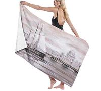 GQWJKSZ Large Soft Bath Towel Blanket,Retro Vintage Painting Of A Sailing Boat Ship Moving By The Sea Near City Town Art,Bath Sheet Beach Towel for Family Hotel Travel Swimming Sports,52" x 32"