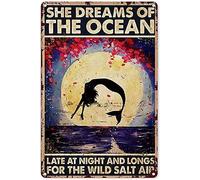 GQWJKSZ Mermaid Decor She Dreams Of The Ocean Late At Night,Retro Style Vintage Metal Sign Plaques Sign Novelty Hanging Sign Wall Decorations 12x16 Inch