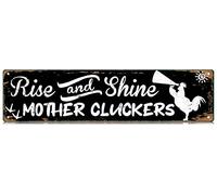 GQWJKSZ Rise and Shine Mother Cluckers Slim Tin Sign Street Funny Chicken Metal Sign Wall Decor for Bedroom Farm Home Bar Garage Man Cave Wall Art Gift 4" by 16"