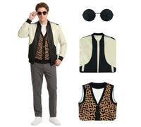 GQWSTP 80s Movie Men's Bomber Jacket Costume Colorblock Lightweight Coat with Maze Pattern Vest Vintage Black Sunglasses S