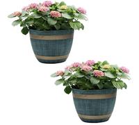 Gr8 Garden Set Of 2 Large Blue Rustic Wood Style Wooden Effect Plastic Half Barrel Cask Planter 38cm Patio Flower Plant Pot Tub